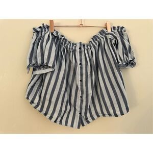 ZARA Trafaluc Blue and White Off The Shoulder Top Size Small